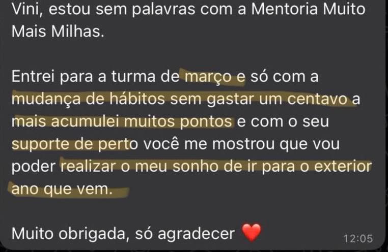 Mensagem de aluna contando que acumulou muitos pontos sem gastar a mais e vai realizar o sonho de ir ao exterior