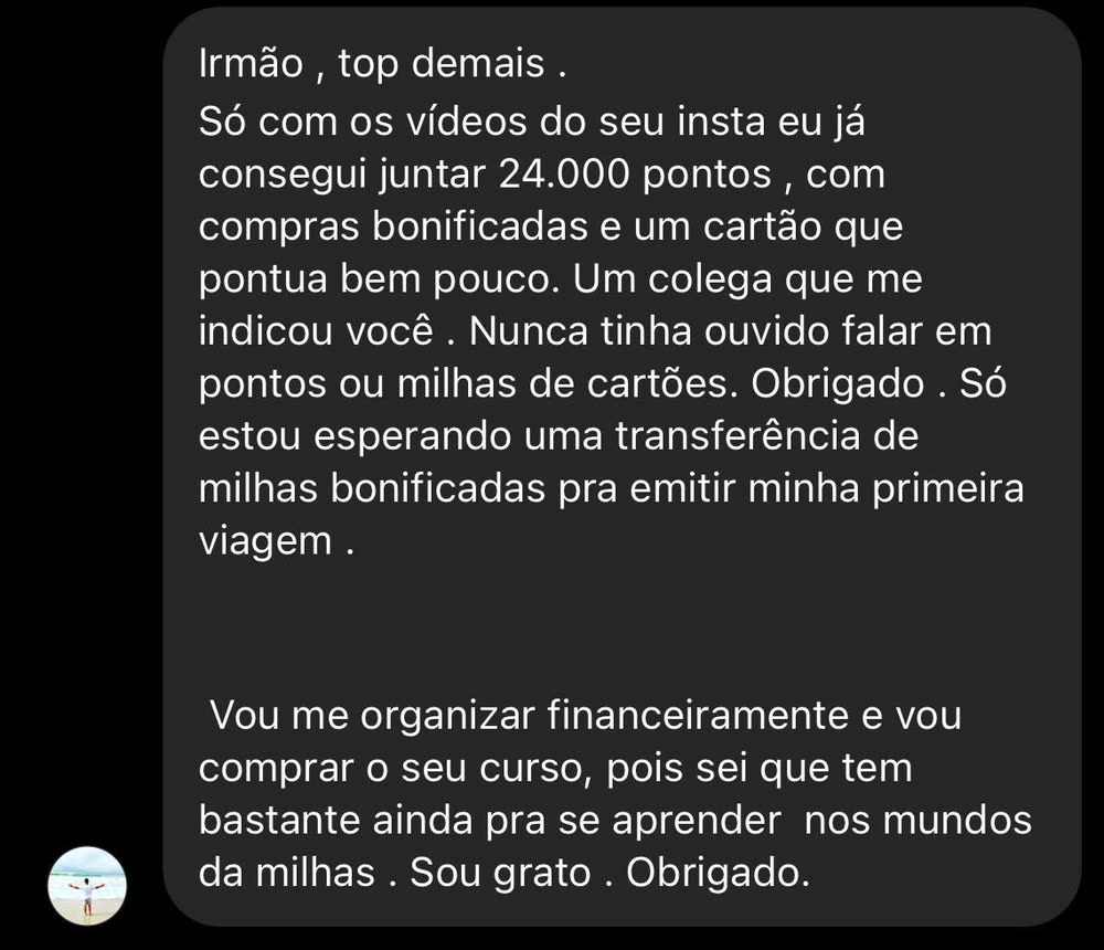 Mensagem de aluno que juntou 24 mil pontos com compras bonificadas