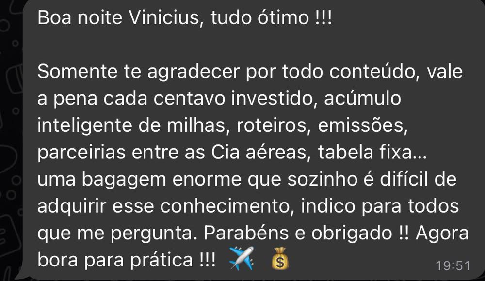 Mensagem de aluno agradecendo pelo conteúdo sobre acúmulo de milhas, emissões e parcerias entre companhias aéreas