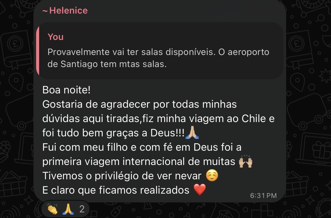 Mensagem da aluna Helenice agradecendo pelo suporte na viagem ao Chile com o filho