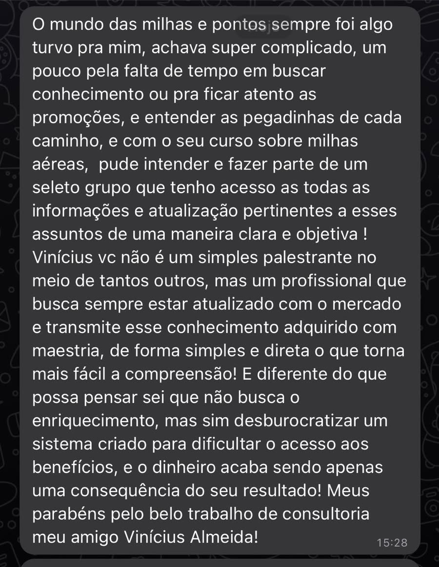 Mensagem de aluno agradecendo pela forma clara e objetiva de ensinar sobre milhas
